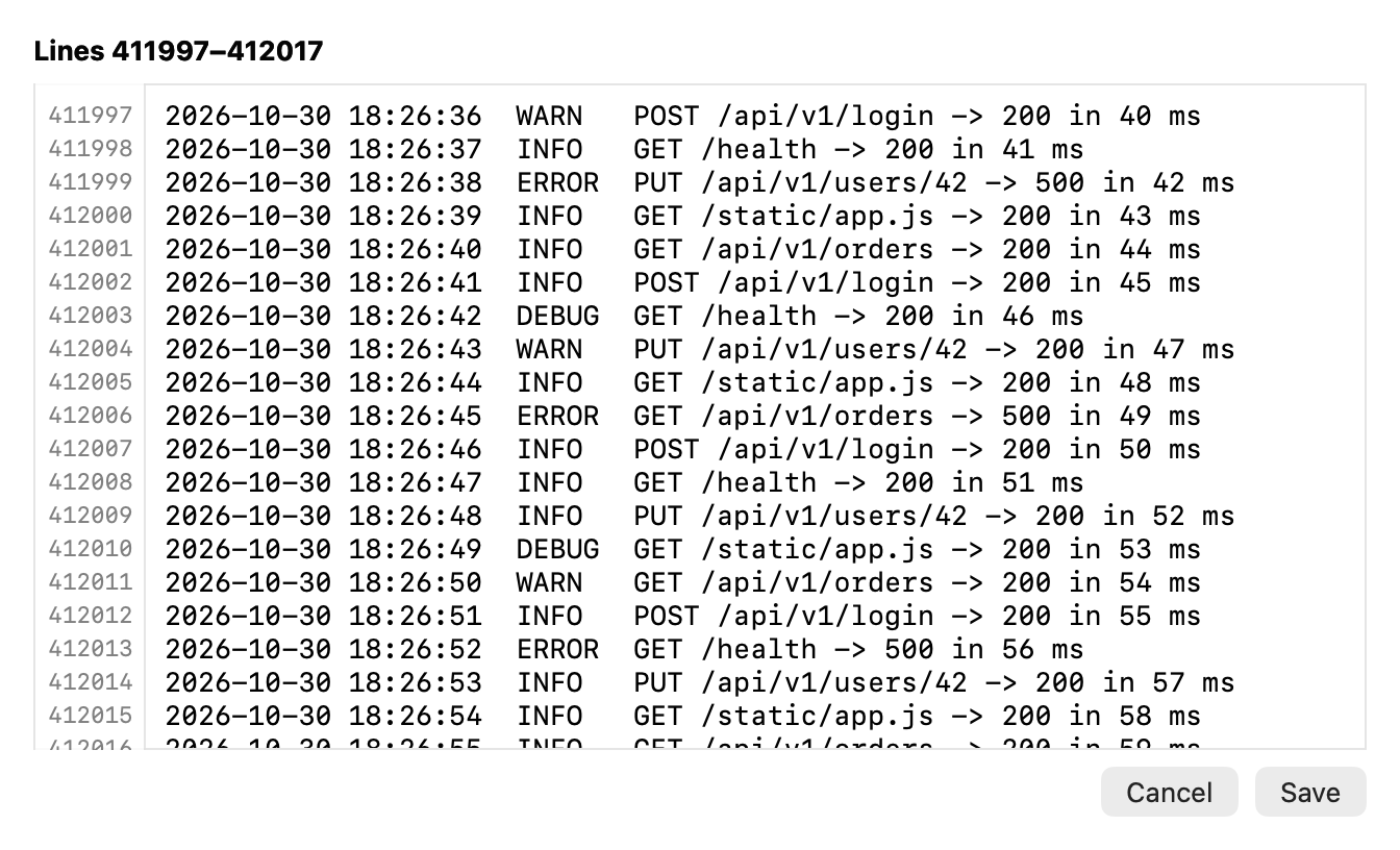 The Edit Lines sheet showing twenty-one numbered lines from the middle of a large log