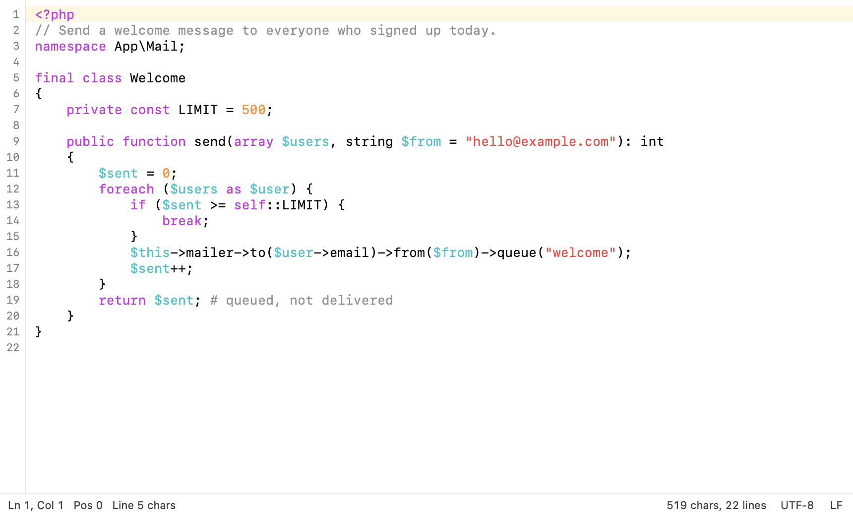 NeatEdit showing a PHP file with coloured syntax and line numbers