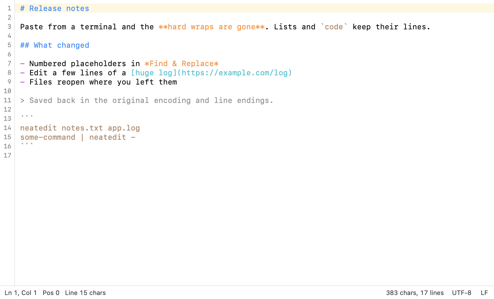 NeatEdit showing a Markdown file with coloured headings, emphasis, links and code