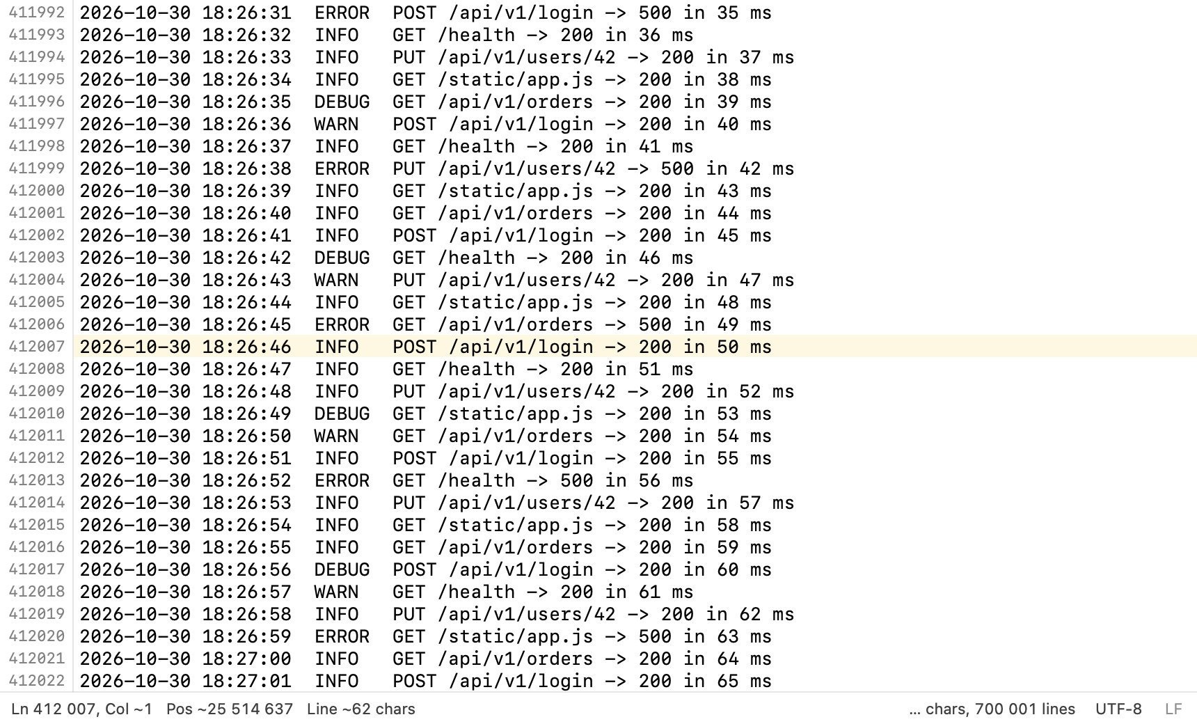 NeatEdit's large file viewer showing line 412,007 of a 700,000-line log